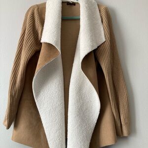 Chic Tan Cardigan with Soft White Trim